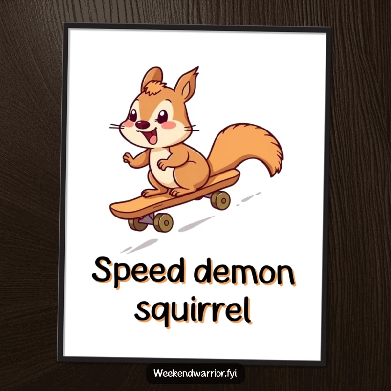Funny squirrel character joyfully zooming downhill on a skateboard, available as a downloadable digital art print for humorous wall displays.