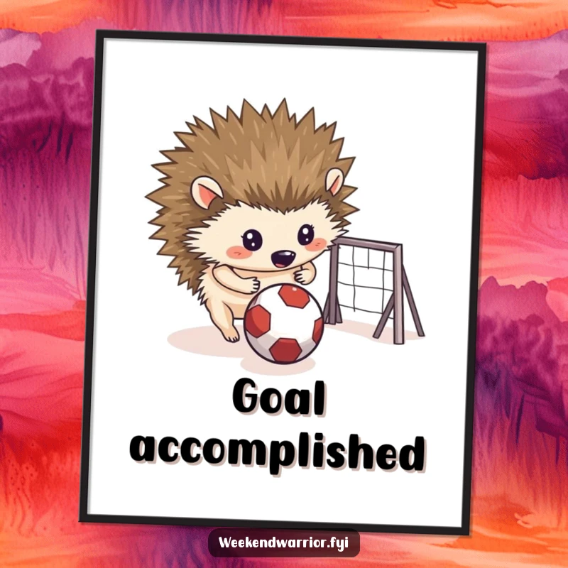 Funny digital art print of a determined hedgehog rolling a small ball towards a makeshift goal, perfect for instant decor.