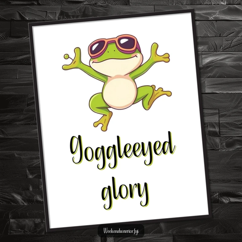 Funny digital art print of a triumphant frog wearing goggles, mid-air after a perfect, joyful jump.