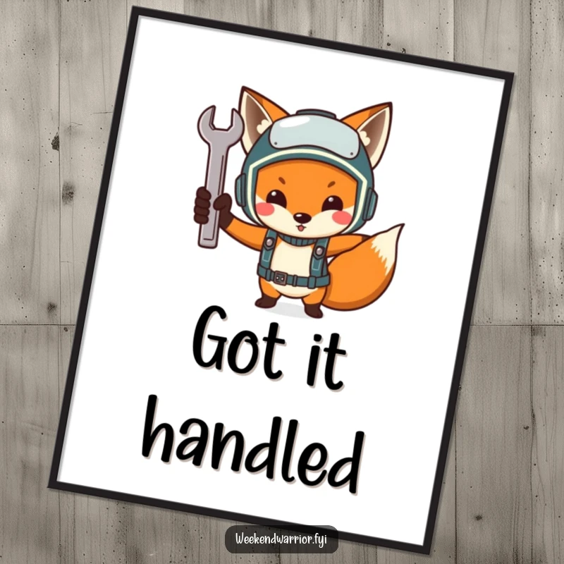 Funny Determined Fox Mechanic Digital Art, a fox with a wrench, printable wall art for a determined vibe.