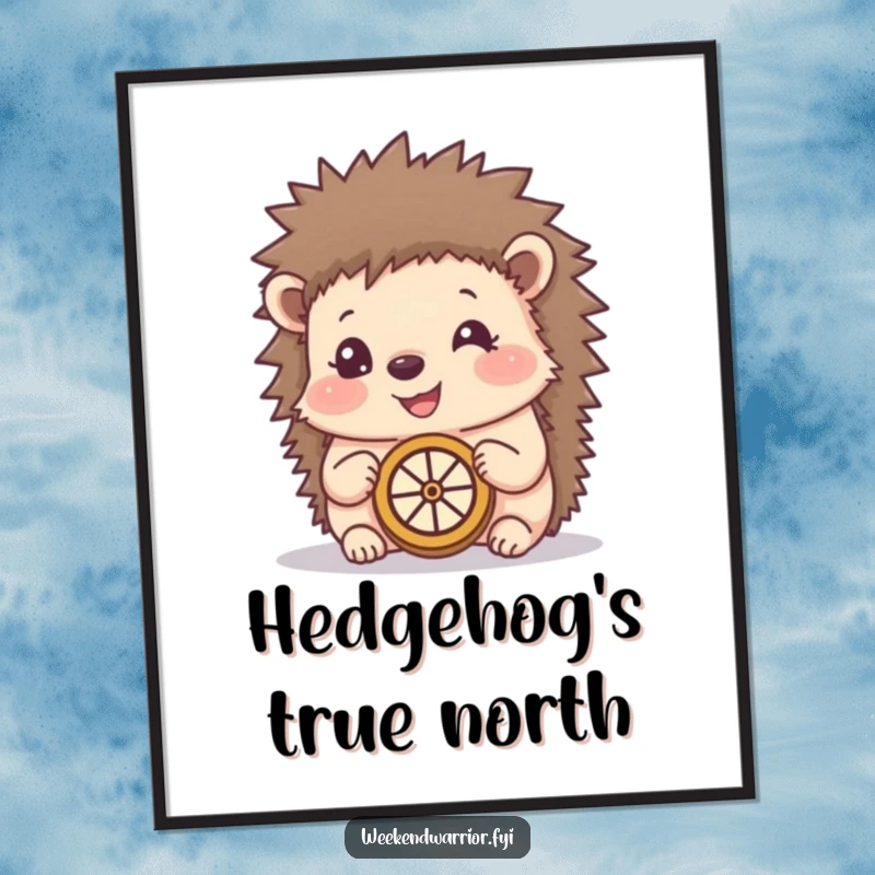 Funny digital art print of a happy hedgehog using a makeshift compass, offering whimsical and charming wall decor.