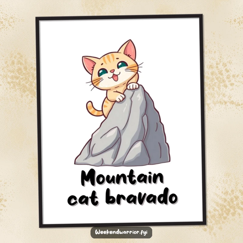 Funny digital art of a brave cat energetically climbing a small artificial mountain face, full of gusto and determination.