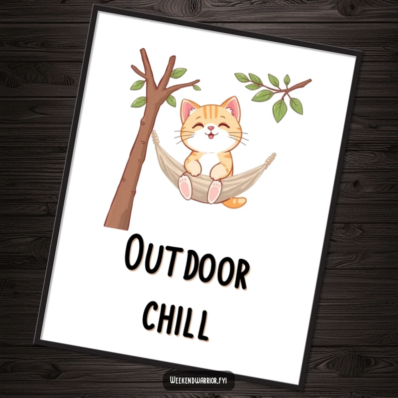 Funny kawaii cat digital art print, setting up a tiny hammock between branches, downloadable and peaceful.