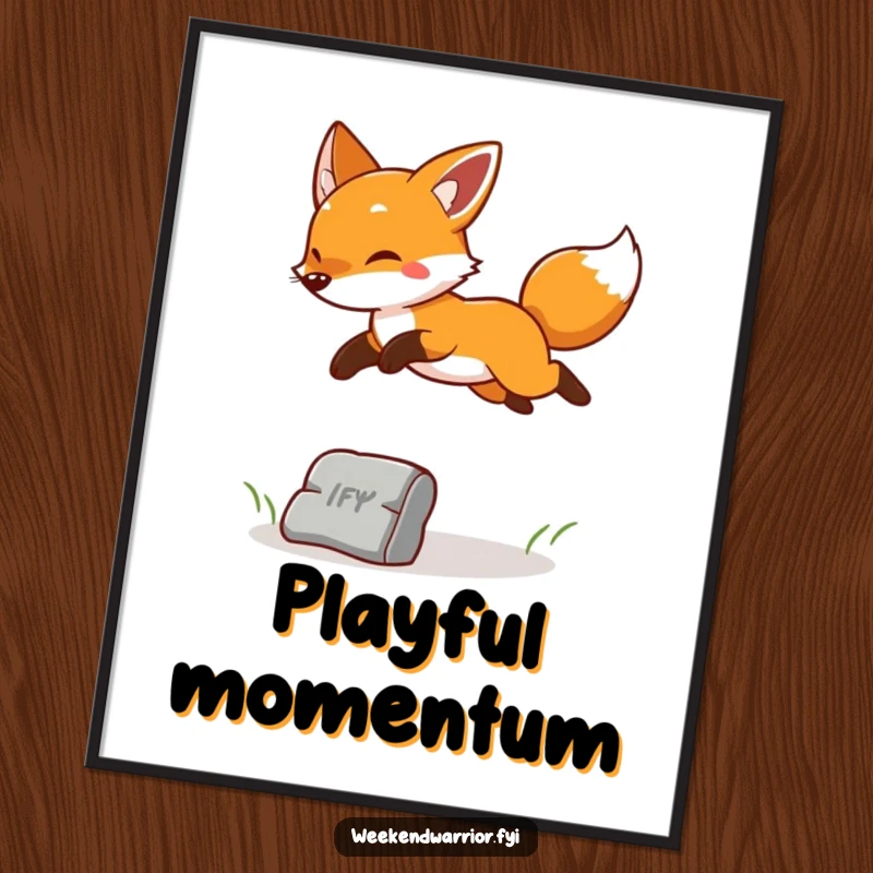 Funny digital art print of a cheerful fox leaping energetically over an obstacle, radiating pure joy and playfulness.