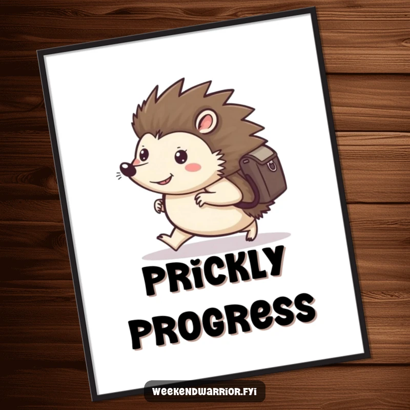 Funny digital art print of a happy hedgehog with a backpack, marching determinedly forward, symbolizing strength and a journey.