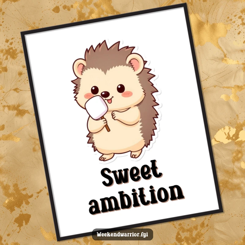 Funny kawaii hedgehog digital art print, holding a marshmallow on a stick, ready to roast, downloadable and cheerful.