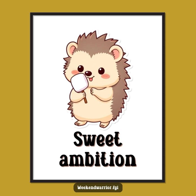 Funny Kawaii Hedgehog Digital Art: Marshmallow Roasting Print for Instant Joy
