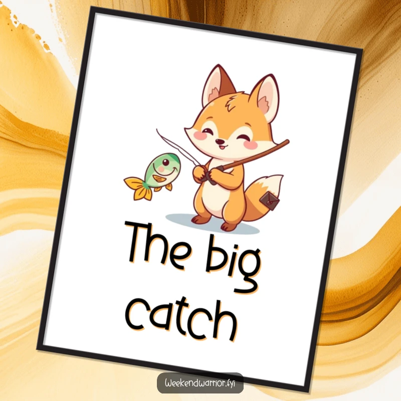Funny Kawaii fox digital art print of a cheerful fishing character reeling in a fish, perfect for instant angler-themed decor.