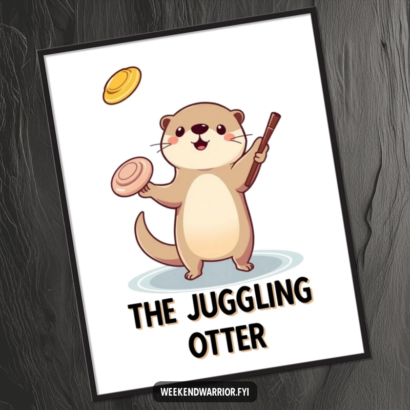 Funny otter juggling digital art print of a playful otter juggling a frisbee and a stick, conveying skill and amusement.