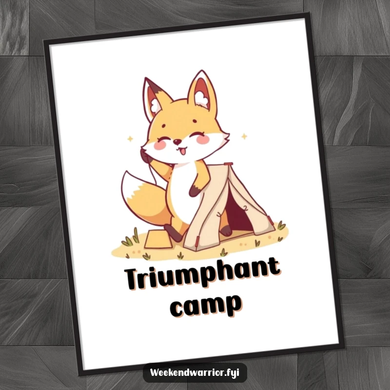 Funny Kawaii Fox Tent Digital Art: A cute cartoon fox happily plants a small tent, its cheerful stride and proud pose radiating outdoor humor.