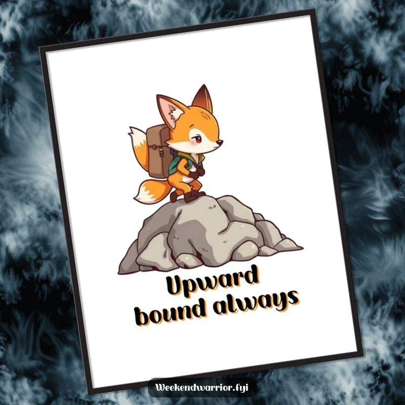 Funny Fox Digital Art Print of a determined fox with a backpack, climbing a rocky outcrop, inspiring and humorous.