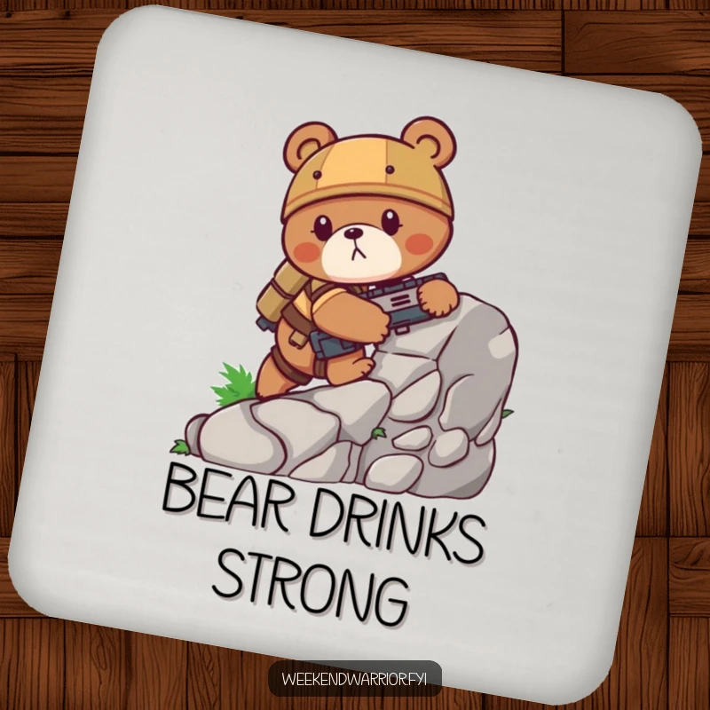 Funny bear coaster depicting a determined bear in combat gear climbing a rock face, a humorous and protective addition to any table.