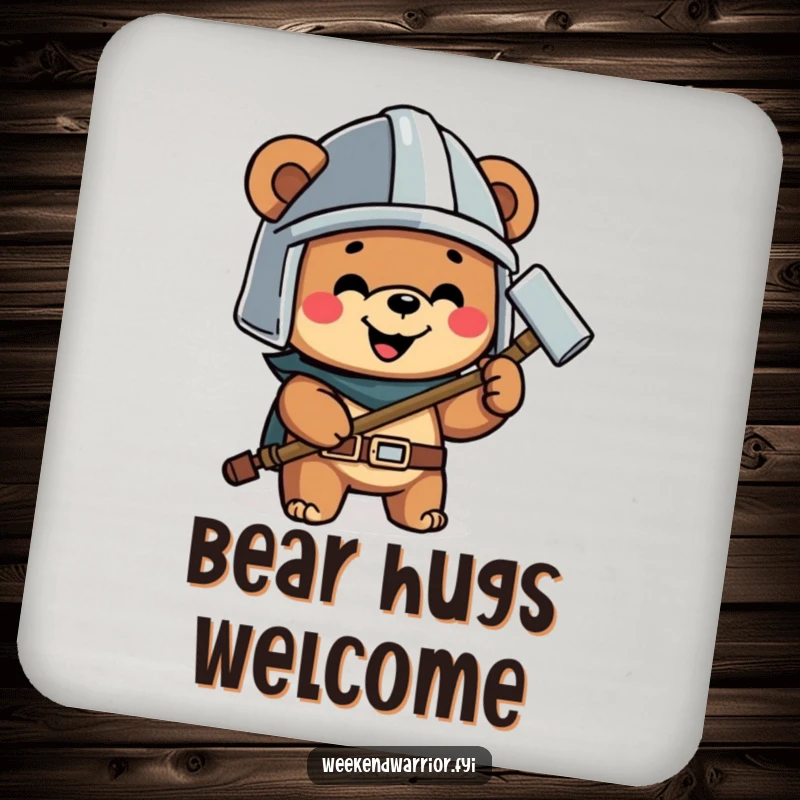 Funny coaster with a happy bear wearing a helmet and holding a hammer, protecting surfaces with a smile.