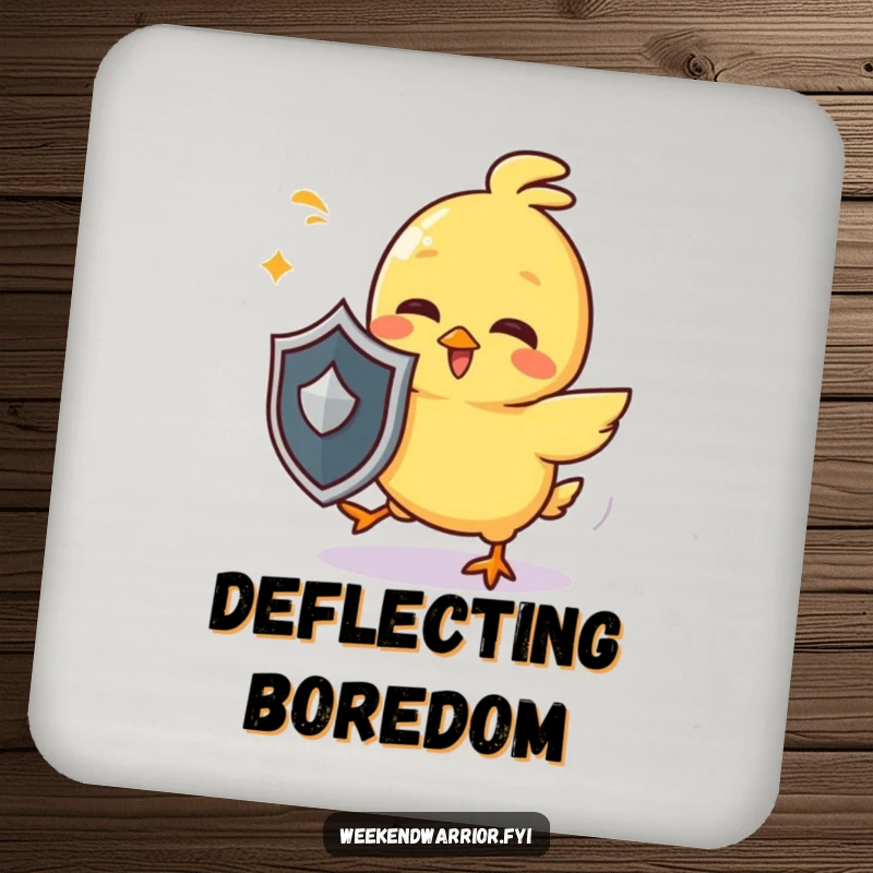 Funny chick coaster with a giggling yellow character holding a tiny shield and dodging imaginary attacks, a humorous surface saver.
