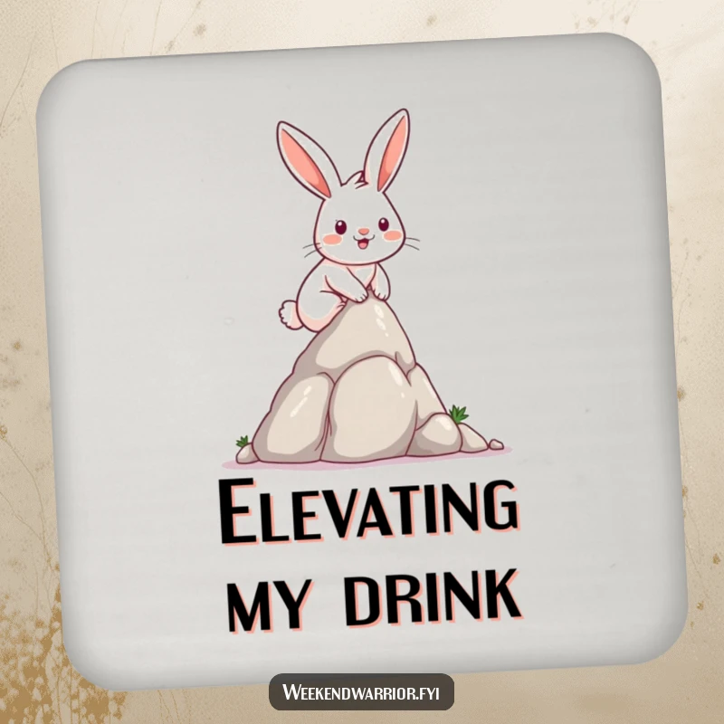 Funny determined rabbit smiling as it climbs a small rock formation on a humorous drink coaster.