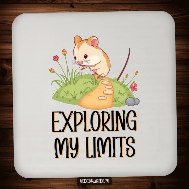 Funny hamster drink coaster featuring a curious rodent exploring a tiny, overgrown path, protecting surfaces with a touch of humor.