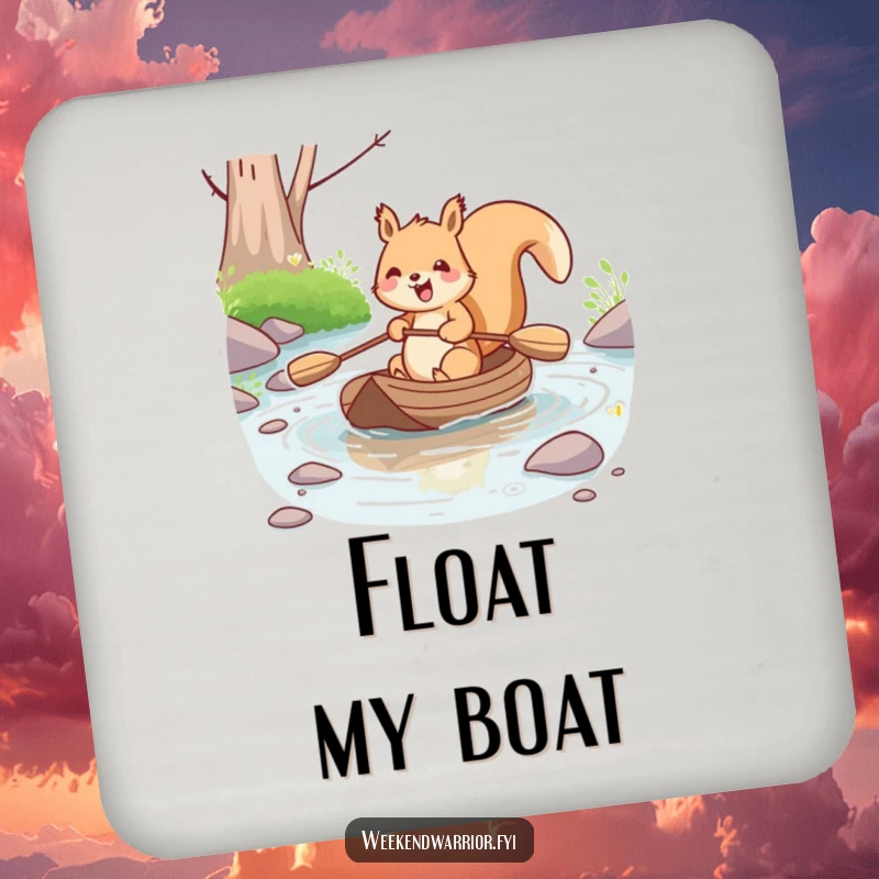 Funny kawaii squirrel joyfully paddling a small raft down a stream, printed on a protective drink coaster. Adds humor and tranquility.