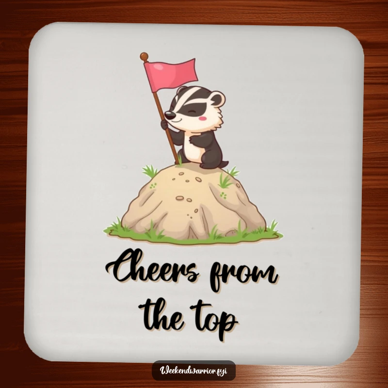 Funny badger flag planting coaster showing a determined badger planting a flag, adding a symbol of success to surfaces.
