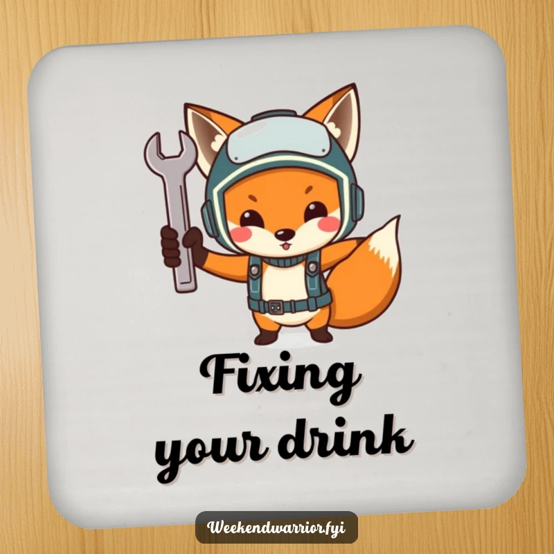 Funny Determined Fox Mechanic Coaster, a fox in a helmet with a wrench, adding humor to drink coasters.