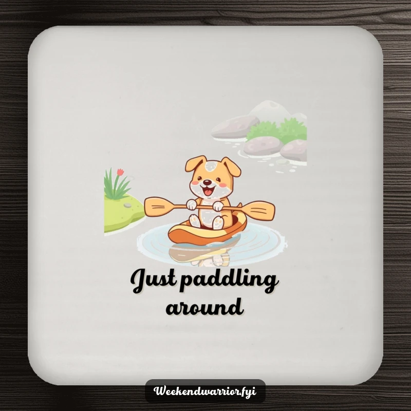 Funny drink coasters featuring an energetic dog paddling in a stream with a paddle, protecting furniture with humorous and water-themed designs.
