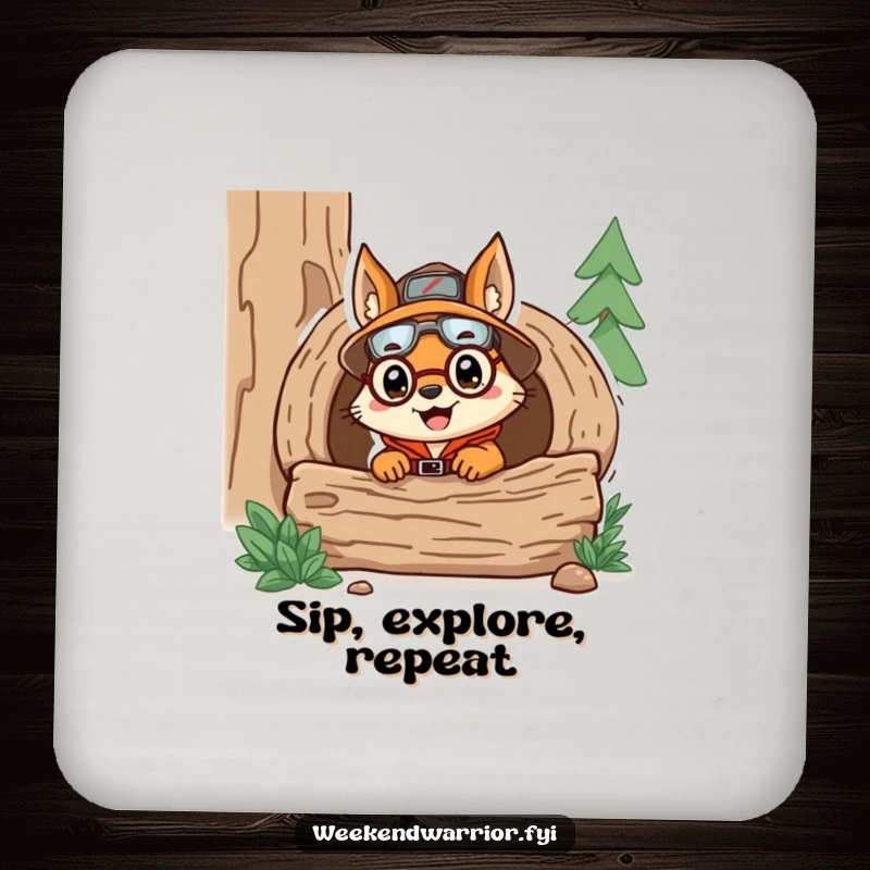 Funny drink coaster with a delighted squirrel explorer peeking from a log, providing surface protection with a humorous woodland theme.