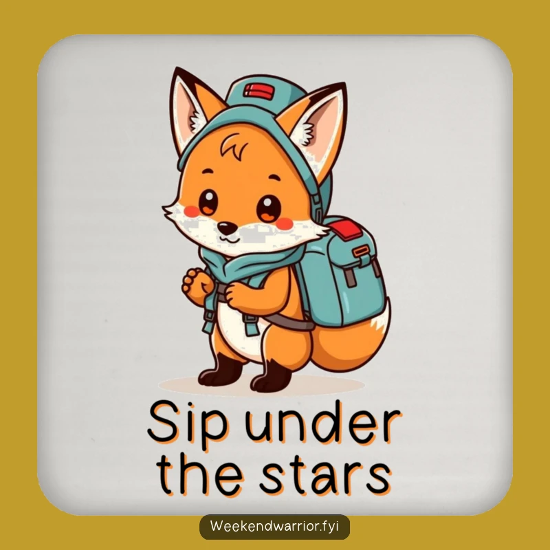 Funny Fox Coaster: Playful camper fox protecting surfaces, a cute funny gift.
