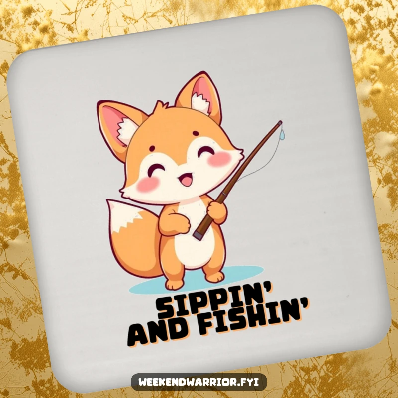 Funny drink coaster featuring an excited kawaii fox holding a fishing rod, symbolizing a love for fishing and cute characters.
