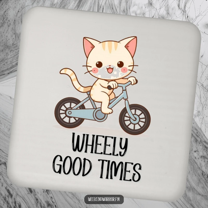 Funny Kawaii cat character riding a bike with great speed on a drink coaster, representing playful movement.