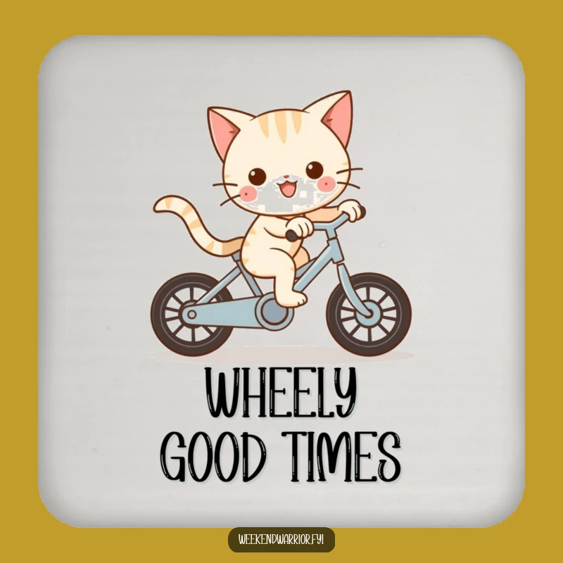 Funny Kawaii Cat Drink Coaster - Playful Bike Ride Humor Gift