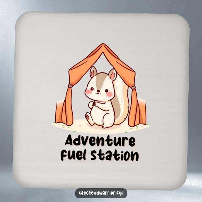 Funny Kawaii squirrel character setting up a small tent on a drink coaster, representing outdoor fun.