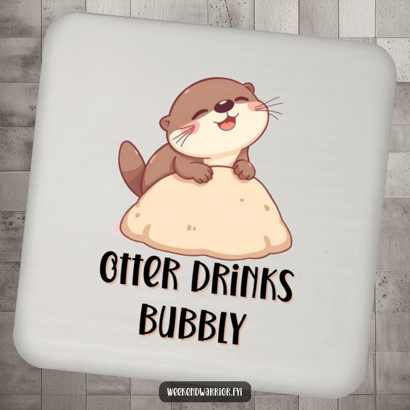 Funny otter coaster depicting a playful otter gleefully performing a headbutt dive into a soft mound, a humorous and protective item.