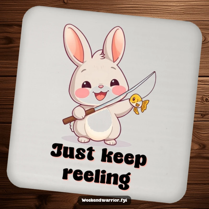 Funny drink coaster with a smiling rabbit holding a fishing rod and a tiny fish, adding humor to drink protection.