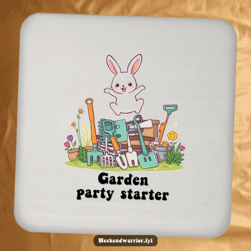 Funny coasters featuring a determined rabbit character leaping over gardening tools, protecting surfaces with humor.