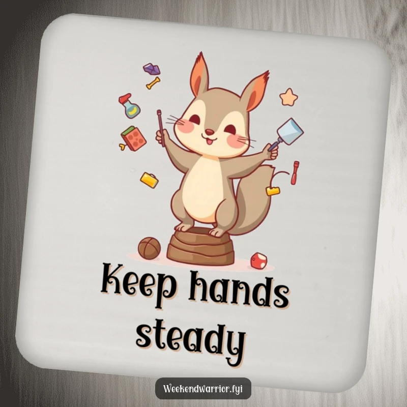 Funny drink coasters showing a squirrel in a wobbly pose, juggling items, adding humor to your drink station.