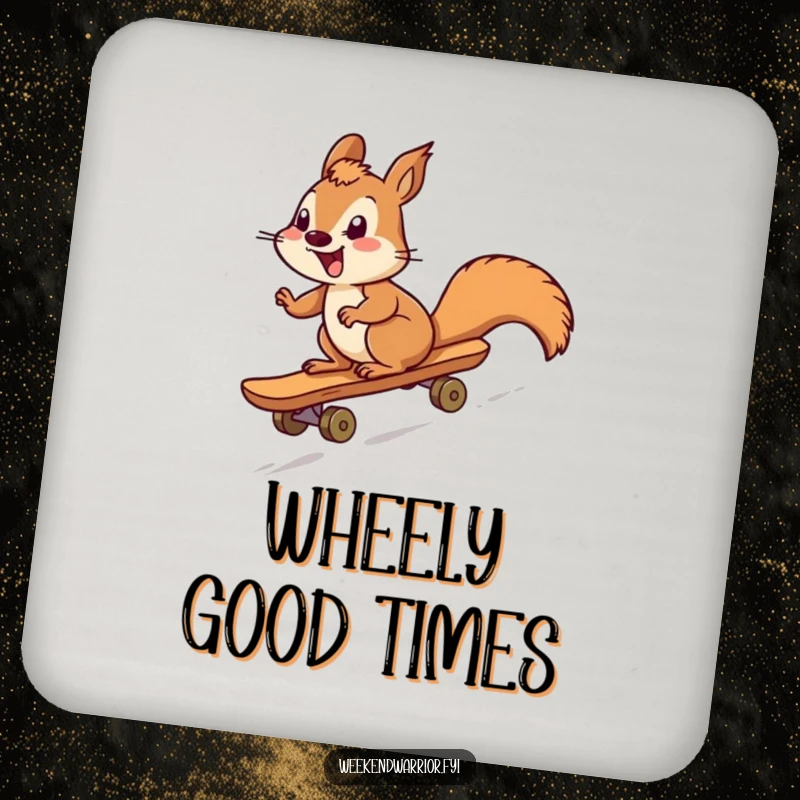 Funny squirrel character mid-skateboard descent, printed on a durable drink coaster for humorous surface protection.