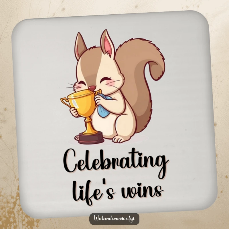 Funny squirrel coaster depicting a proud animal polishing a miniature trophy, ideal for protecting tables from drink rings.