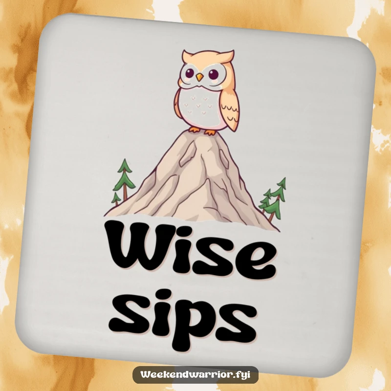 Funny Kawaii owl drink coaster, a wise owl surveying a landscape from a tiny mountain, protects surfaces with humor.