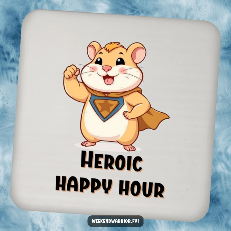 Funny coasters featuring a muscular hamster superhero flexing its bicep and wearing a cape, adding heroic humor.