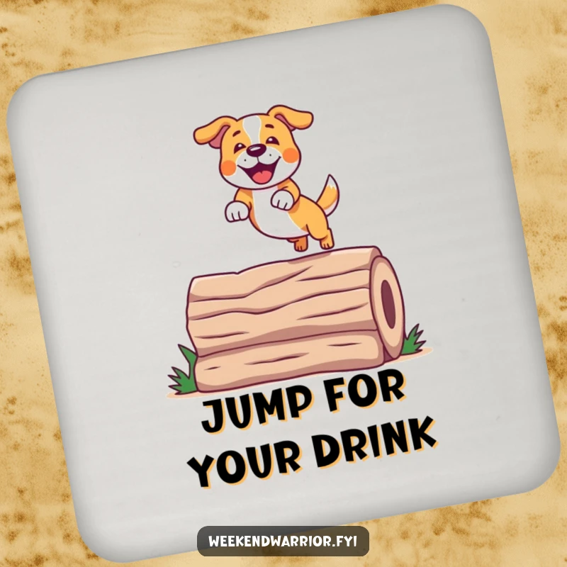 Funny Jumping Dog Coaster featuring a cheerful dog mid-jump over a log, protecting surfaces.