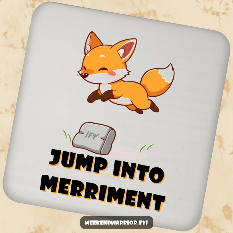 Funny drink coasters showcasing a cheerful fox leaping playfully over an obstacle, bringing energy to any surface.