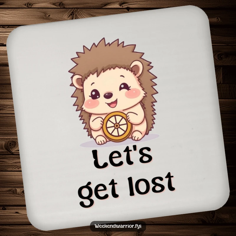 Funny drink coasters featuring a happy hedgehog using a makeshift compass, protecting furniture with whimsical and resourceful designs.