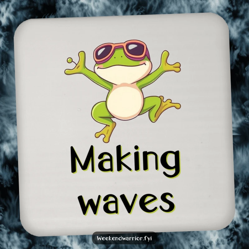 Funny coaster showcasing a frog with goggles, beaming after a perfect jump, ready to hold a drink.