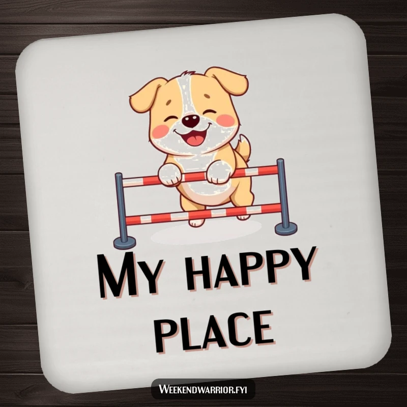 Funny dog coaster set portraying a giggling dog skillfully completing a tiny obstacle course, adding humor to any table.