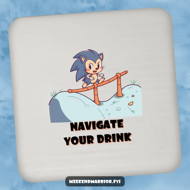Funny drink coaster featuring a determined hedgehog character skillfully navigating a winding obstacle course, protecting tables with resilience.