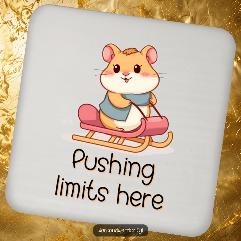 Funny hamster coaster set showing a proud hamster pushing a loaded sled uphill, symbolizing perseverance in daily life.
