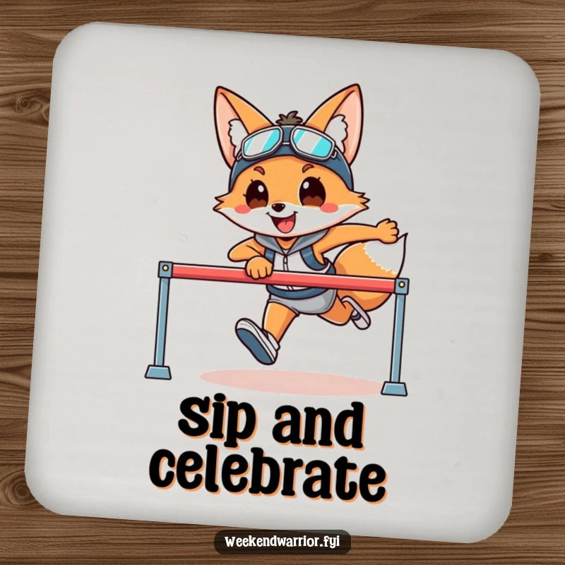Funny coaster with a smiling fox in athletic gear jumping over a hurdle, protecting surfaces with sporty style.