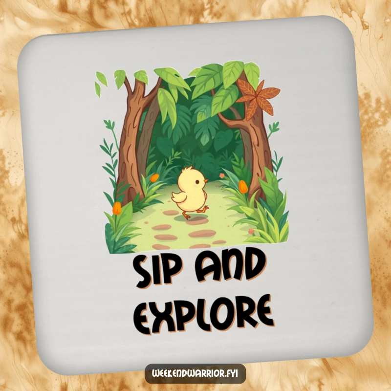 Funny Chick Coaster with tiny boots, marching through a lush jungle path, protecting surfaces with charm.