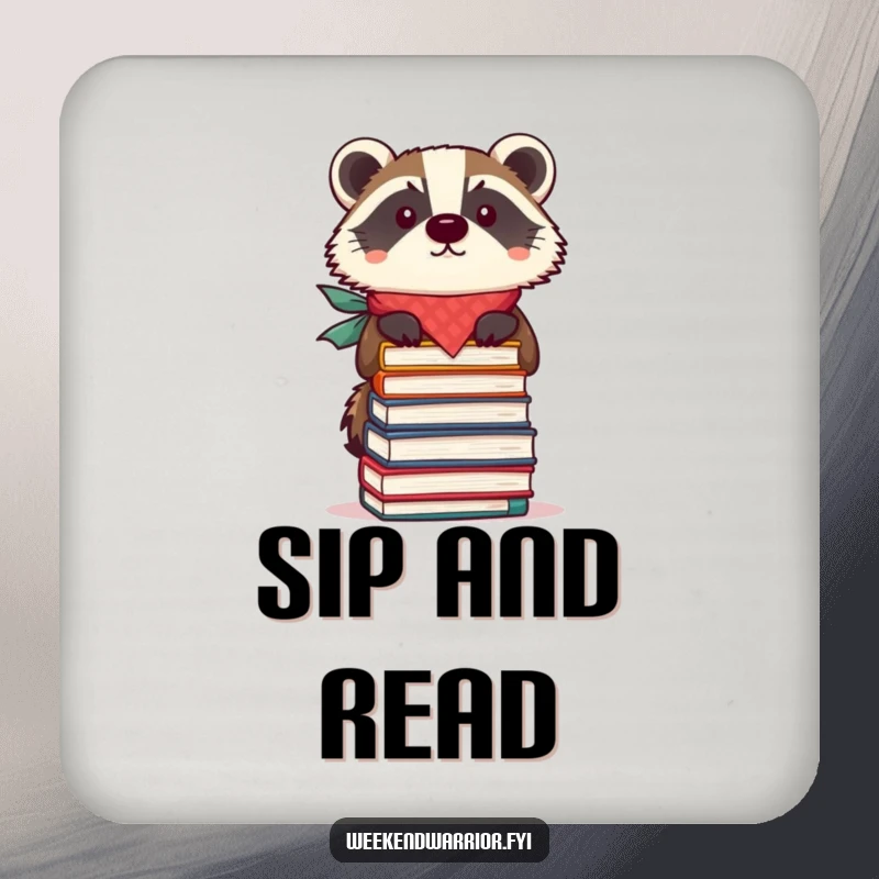 Funny drink coaster featuring a focused badger in a bandana balancing a stack of books, adding intellectual protection.