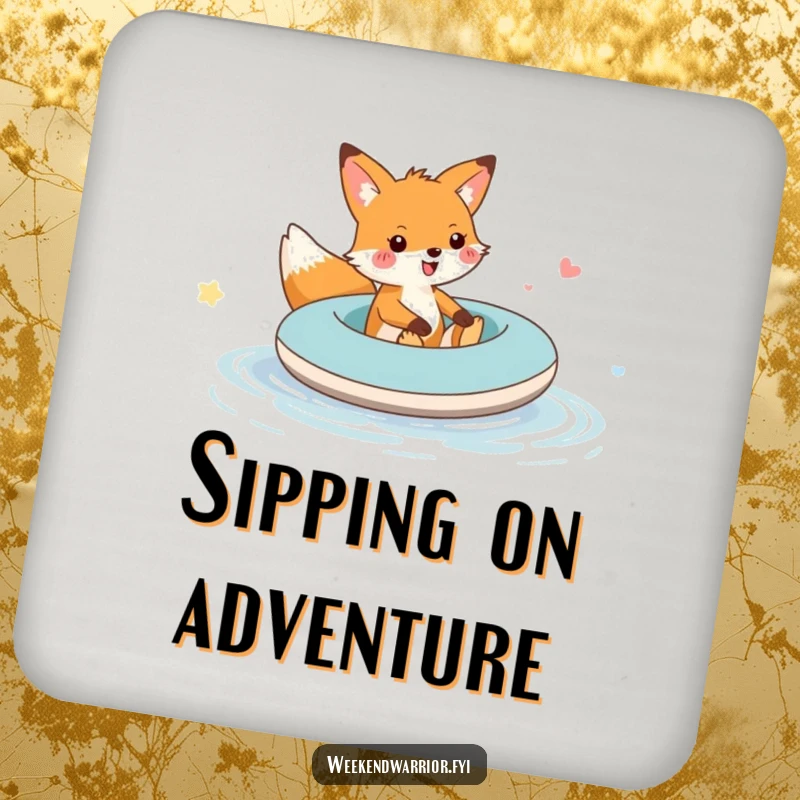 Funny fox raft puddle coaster featuring a cheerful fox on an inflatable raft, protecting surfaces with playful charm.