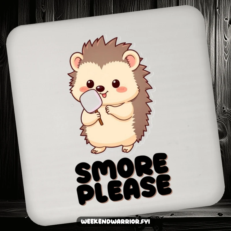 Funny kawaii hedgehog drink coaster, holding a marshmallow on a stick, ready to roast, decorative and protective.